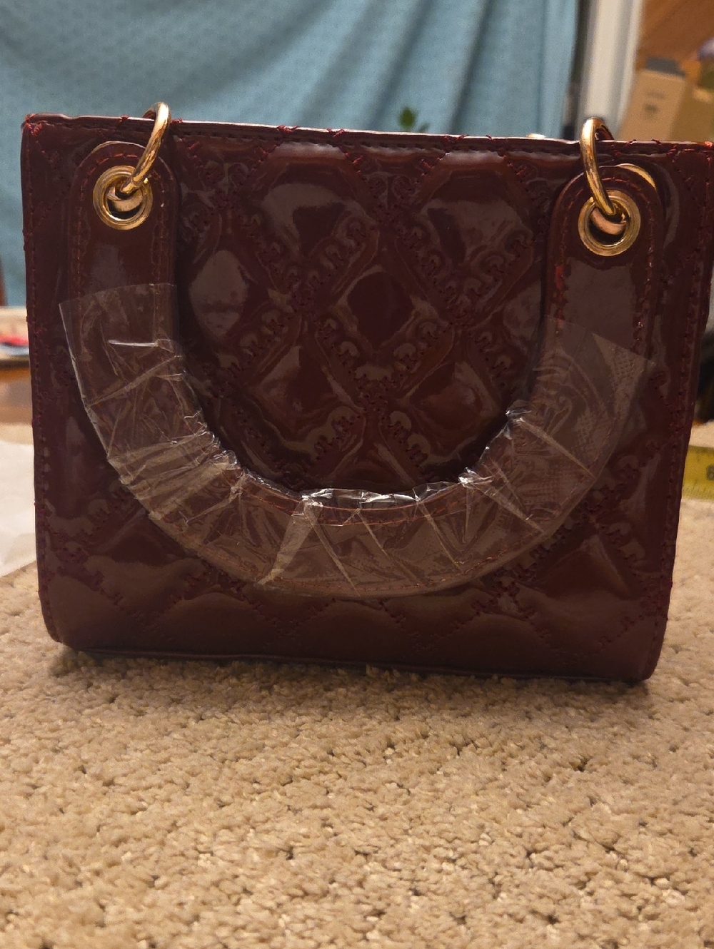 Patent Quilted Mini Top-Handle Bag in Deep Burgundy